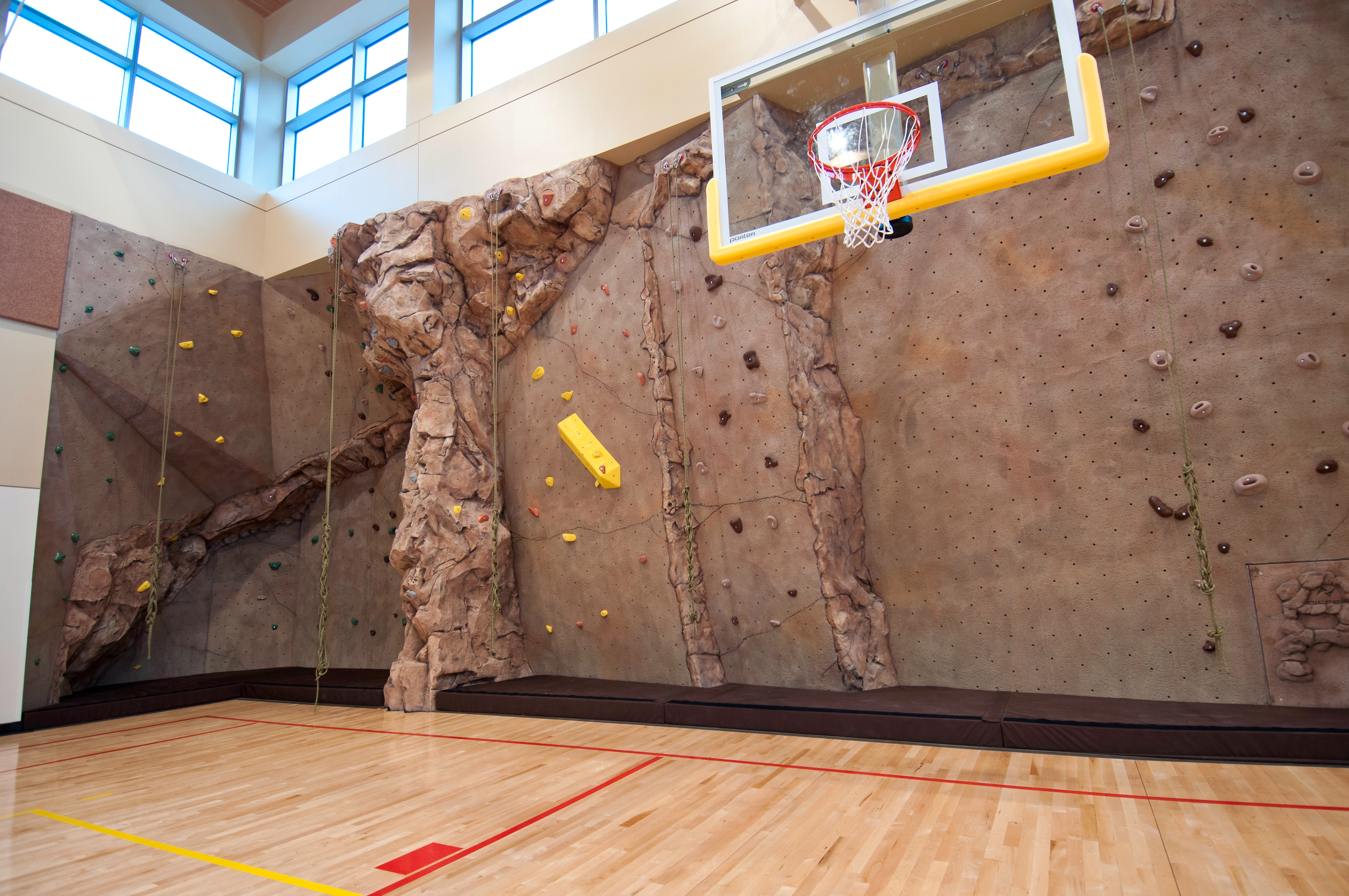 View of the indoor rock-climbing wall at Plymouth