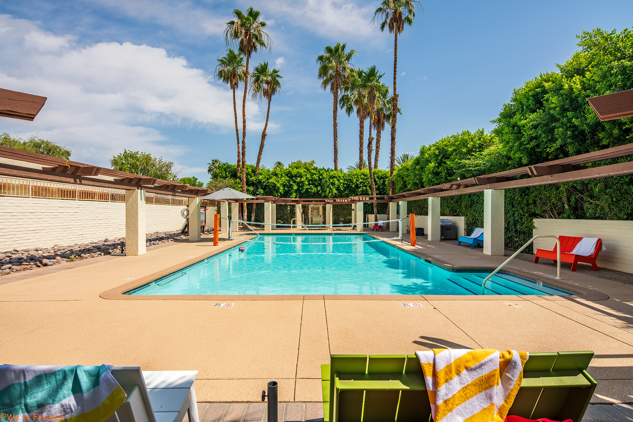 A view of the pool with palm trees and volleyball net