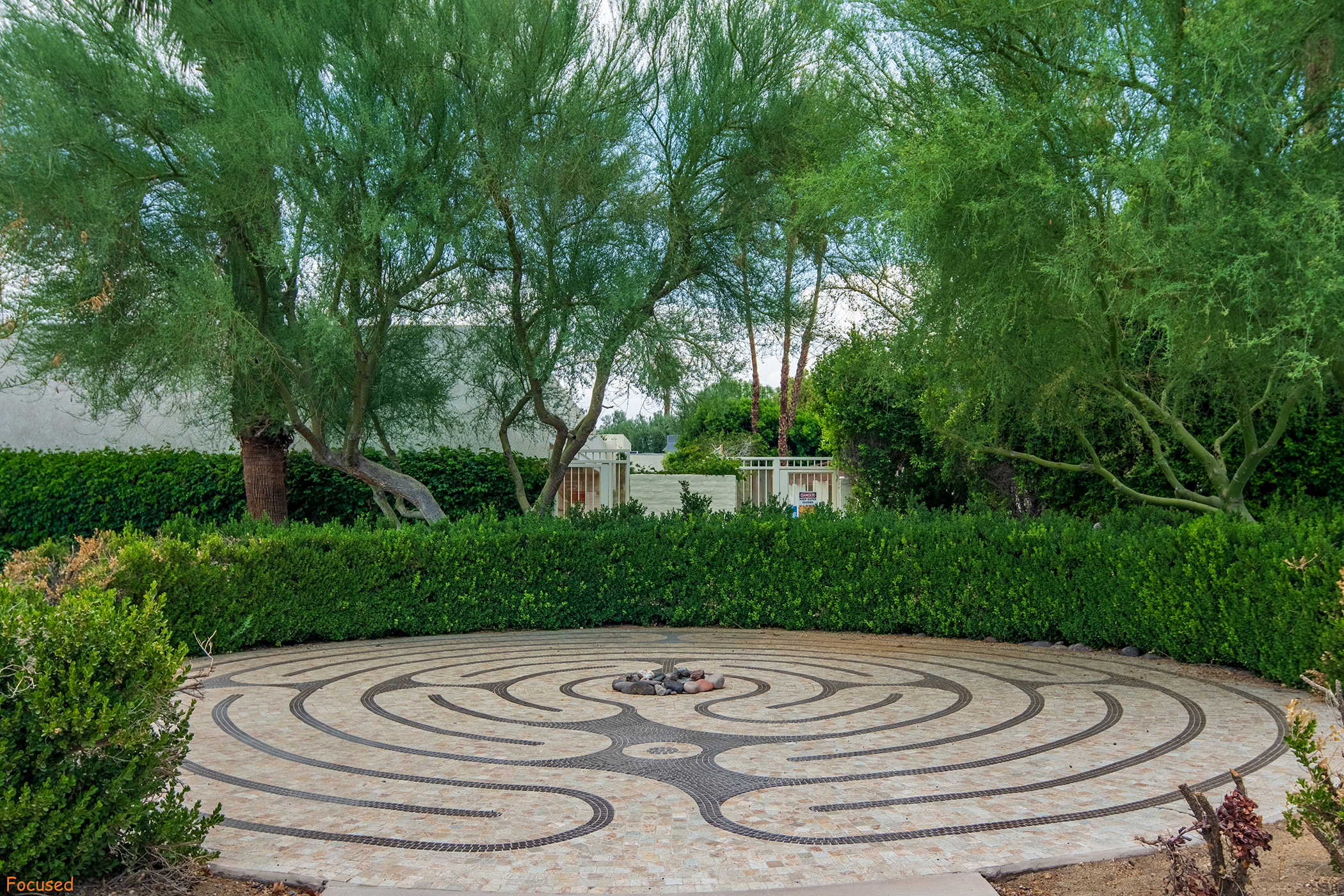 A walking path maze surrounded by green bushes and trees